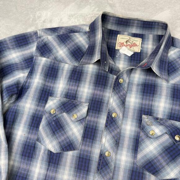 Vintage Wrangler Western Plaid Snap Button Shirt Blue Cowboy Workwear Men Size L - Picture 9 of 9